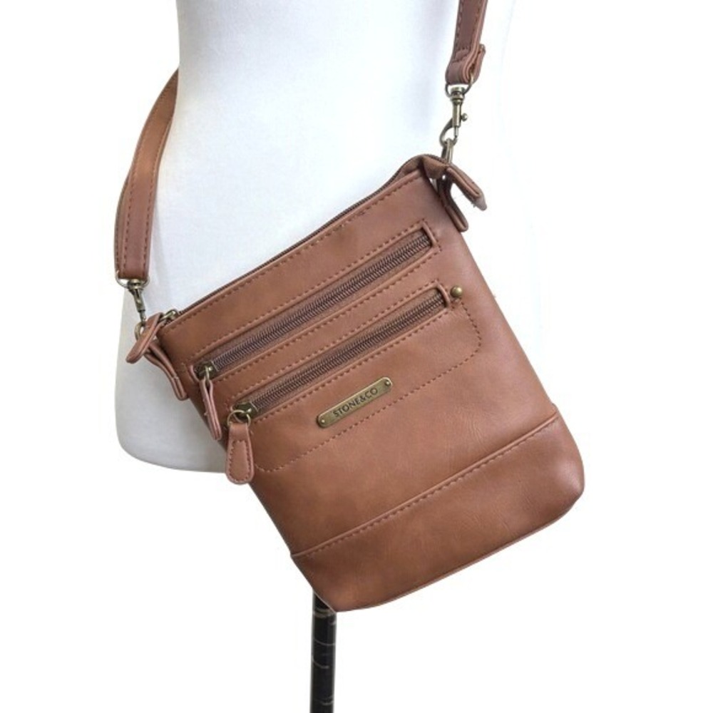 STONE & CO Small Brown Faux Leather Crossbody‎ Bag With Zipper Pockets